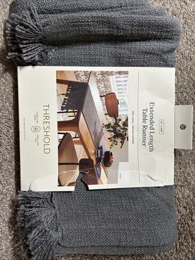 Threshold Gray Woven Table Runner with Fringed Ends 14x108